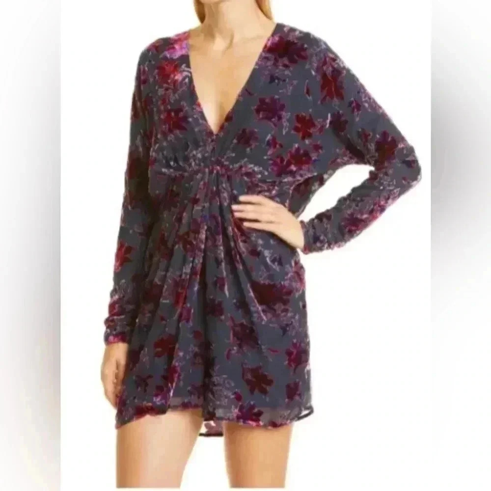 New $525 RAG & BONE Black Purple Eloise Velvet Detail V-Neck L/s Mini Dress Sz 2
